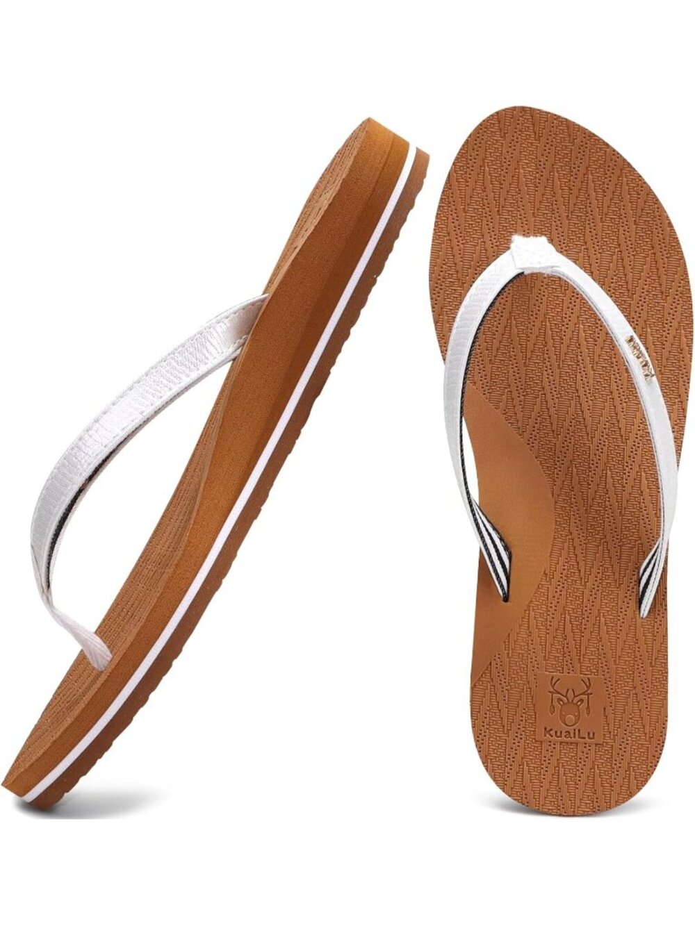 Women's Khaki White Faux Leather Fashion Flip Flops Ladies Lightweight Sandals